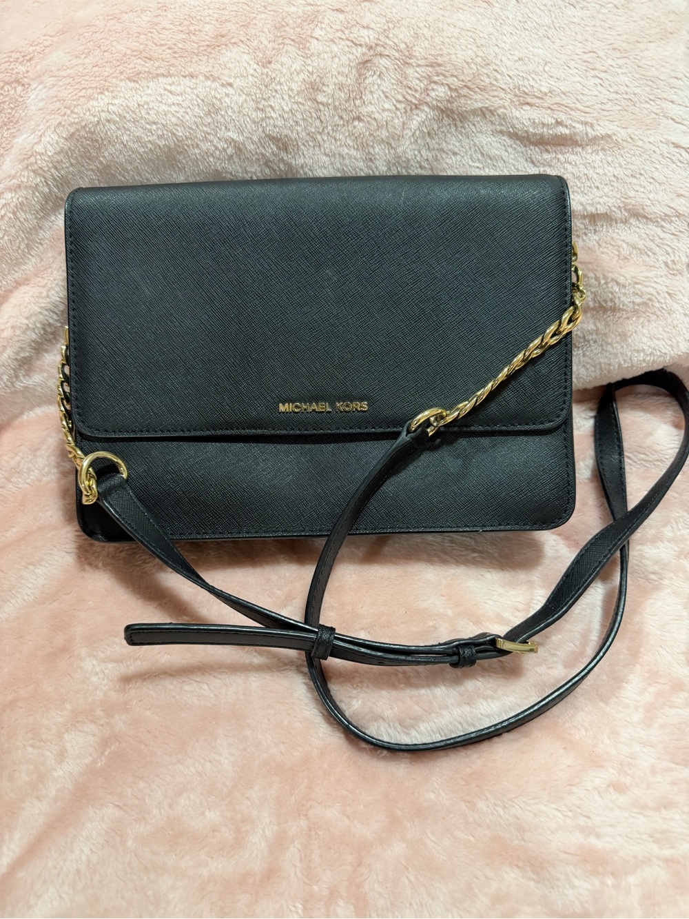 Michael Kors Black Saffiano Leather Crossbody with Gold Chain